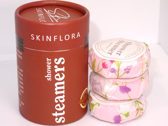 SkinFlora shower steamers packaging with scented tablets