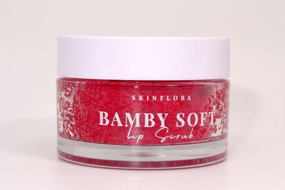Bamby Soft Lip Scrub jar styled on soft fabric