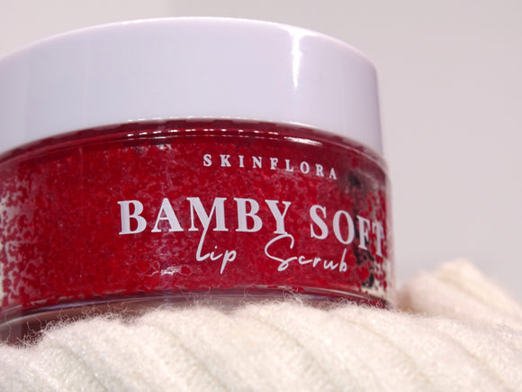 Bamby Soft Lip Scrub jar displayed on fabric background