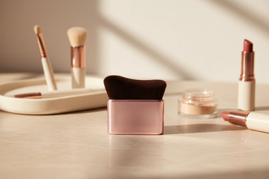 Bronze LumiGlow Body Brush displayed on dressing table with makeup