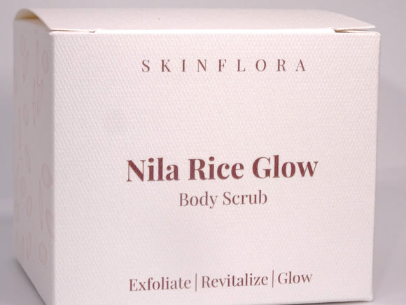Nila Rice Glow body scrub box displayed on surface