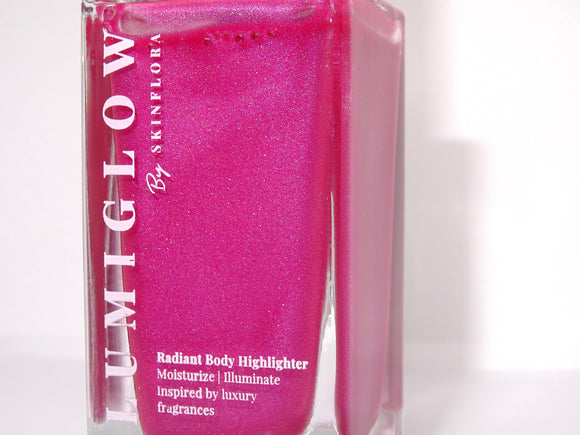 LumiGlow Body Highlighter glass bottle showing luminous finish