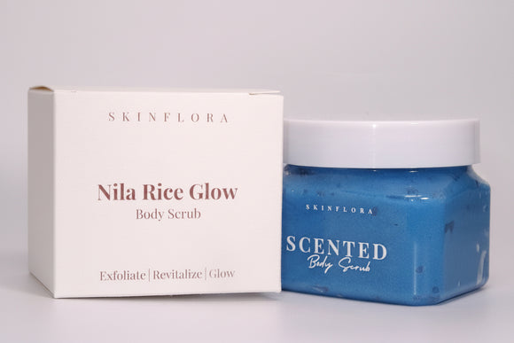 Nila Rice Glow body scrub jar with packaging box